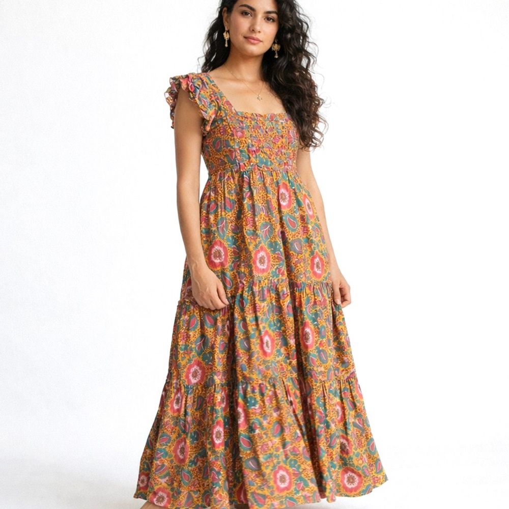 NWT House Of Harlow 1960 Jackie Mustard Paisley Floral Print Smocked Maxi Dress